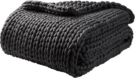 YnM Weighted Blanket, Handmade Chunky Yarn Knitted Design, Soft and Cozy, Temperature Regulating and Breathable, Machine Washable Throw for Sleep or Home Decor (Dark Grey, 60x80 Inch, 15lbs)