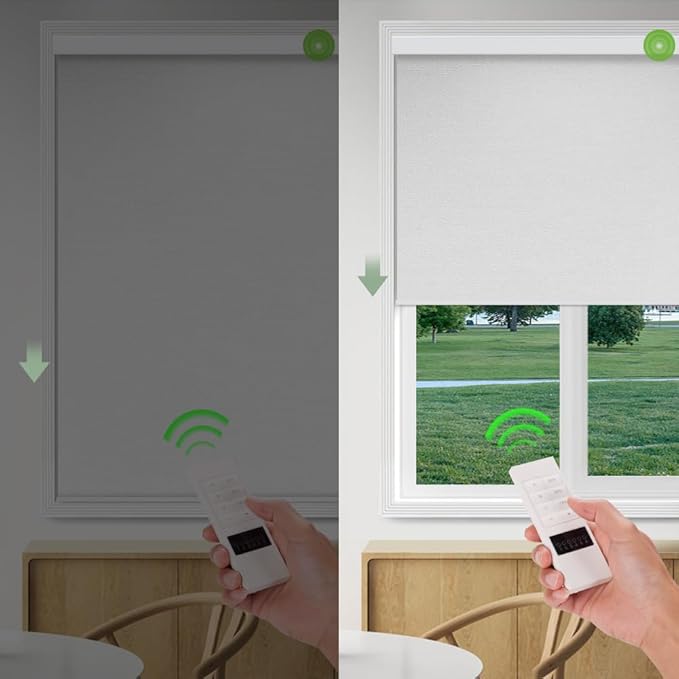 ZSHINE Motorized Blackout Window Blinds Over-Size Customize Width (21-114 Inches) Remote Control Wireless and Rechargeable Motor Roller Shades Blinds for Windows(White)