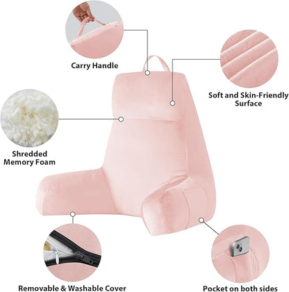 Back Pillow for Bed Sitting up, Reading Pillow for Sitting in Bed Adult, Back Support Pillow, Memory Foam Sit up Lounge Backrest Pillow with Arms for TV, Couch, Chair, Dorm, 24 Inch, Pink