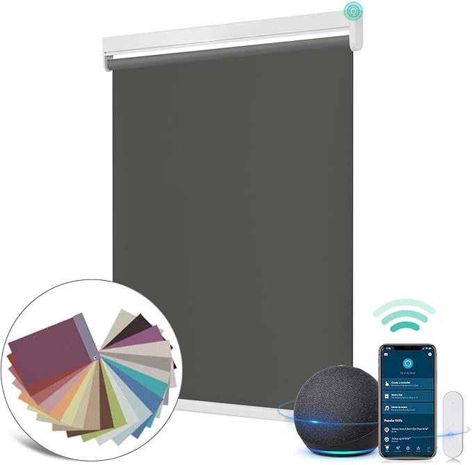 Allesin Motorized Roller Shade Work with Alexa for Window, 100% Blackout Smart Shades Cordless with Remote Control, Electric Automated Blinds for Window, Customized Size for Smart Home (Smoky Grey)