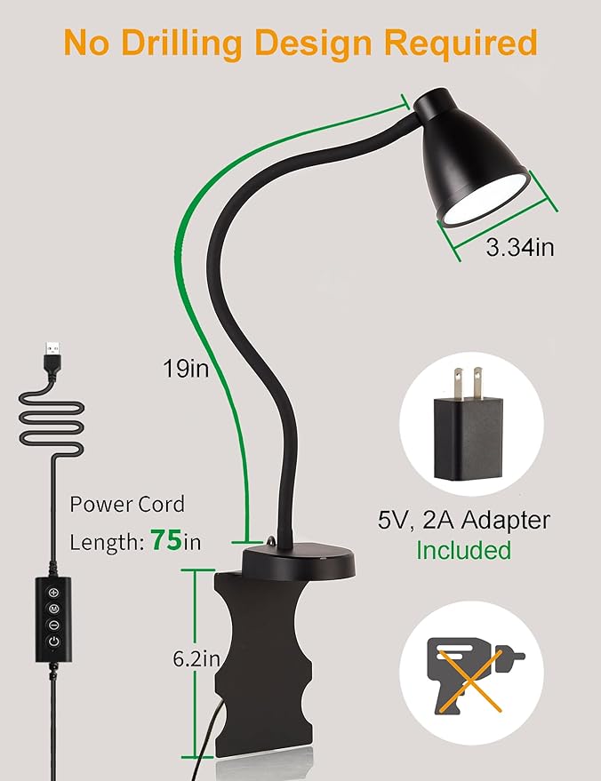 BOHON Reading Lights for Books in Bed, 5 Color 10 Brightness, Without Install Bedside Lamp, Half Hour Auto-Off Timer, Flexible Neck Wall Lamps for Bedroom Headboard Office Home (Black)