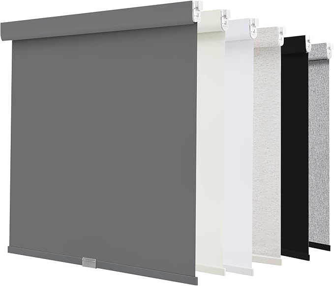 AOSKY No Drill Cordless Blackout Roller Shades with Valance,Customize Blinds for Indoor Windows,Room Darkening Window Shades Pull Down with Free-Stop Spring System, UV Protection for Home Grey
