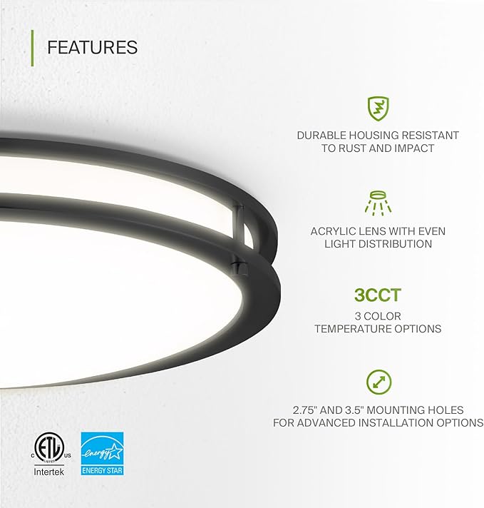 ASD LED 18" Round Flush Mount Lighting, Close to Ceiling Light Fixture | 3CCT, Dimmable, Energy Star, ETL Listed | 28W 2230LM 3000-5000K 120V | Low Profile Double Ring Lamp | Black, 4 Pack