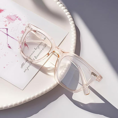 Reading Glasses for Men Women Blue Light Blocking with Spring Hinge, Blocking Readers Anti UV Ray Filter Eyeglasses, Square Computer Reader Glasses, Pink, +0.0