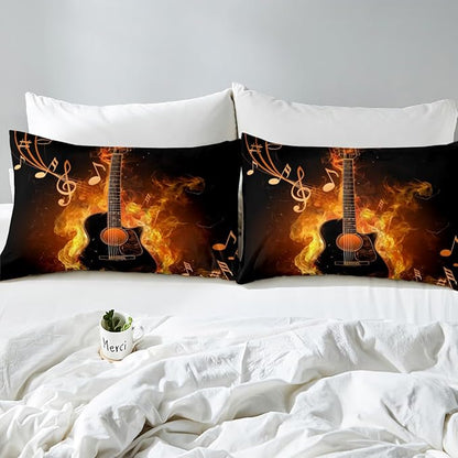 Electric Guitar Bed Sheet 4 Piece,Rock Music Theme Guitar Musical Notes Sheets Full Size Bed Set,Neon Yellow Glowing Modern Artistic Bedding Set with Flat,Fitted Sheet,2 Pillow Cases