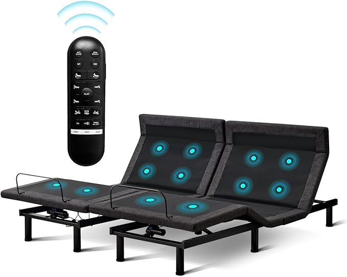 MUUEGM Split King Adjustable Bed Frame with Thickened Frame, Head and Foot Lift, Head-Pillow-Tilt, Adjustable Beds with Smart APP Control, Massage, Zero Gravity, Anti-Snore, Wireless Remote,USB Ports