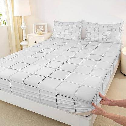 Grids Kids Queen Size Fitted Sheet,Geometric Square Patchwork Room Decor,Simple Abstract Modern Boys Girls Bed Sheets,Gray Bedding Set,2 Pillowcases(No Flat)