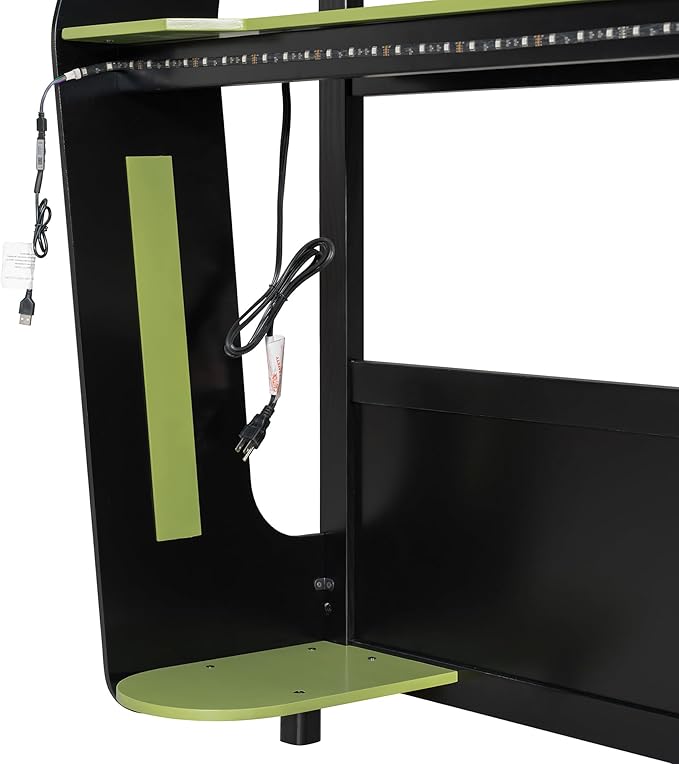 Gaming Bunk Bed Full Size with Desk & Charging Station & RGB Light Strip & Storage Shelves,Wooden Full Bunk Bed Frame with Safety Guardrails,Ladder and Under-Bed Space for Adults Teens Bedroom,Green