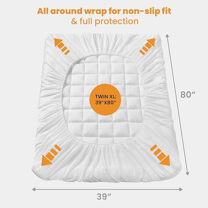 MATBEBY Twin XL Mattress Pad - Cooling Breathable Mattress Topper, Quilted Fitted Mattress Protector, Pillow Top Mattress Cover with 8-21" Deep Pocket, Soft, Machine Washable, White, Twin Extra Long