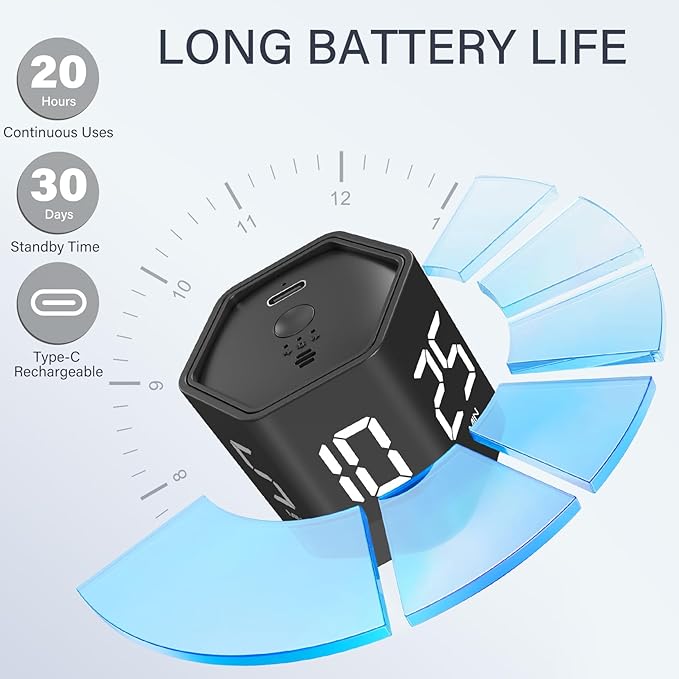 Rotating Pomodoro Timer 5, 25, 10 30,60 Mins Preset Stopwatch, Desk Flip ProductivityTimer, ADHD Tool Hexagon, Vibration/Mute/Alarm, for Work, Study, Back to School, Kitchen, Black