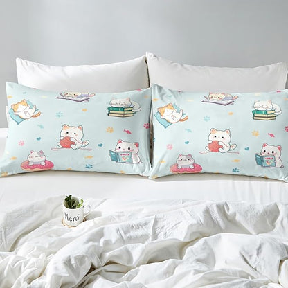Kawaii Donut Cat Fitted Sheet Full,Watercolor Litter Cat Paw Bed Sheet 3 Pieces Fits Mattress,Reading Cat Animals Lover Decorative Fabric Bedding All-Round Elastic Pocket