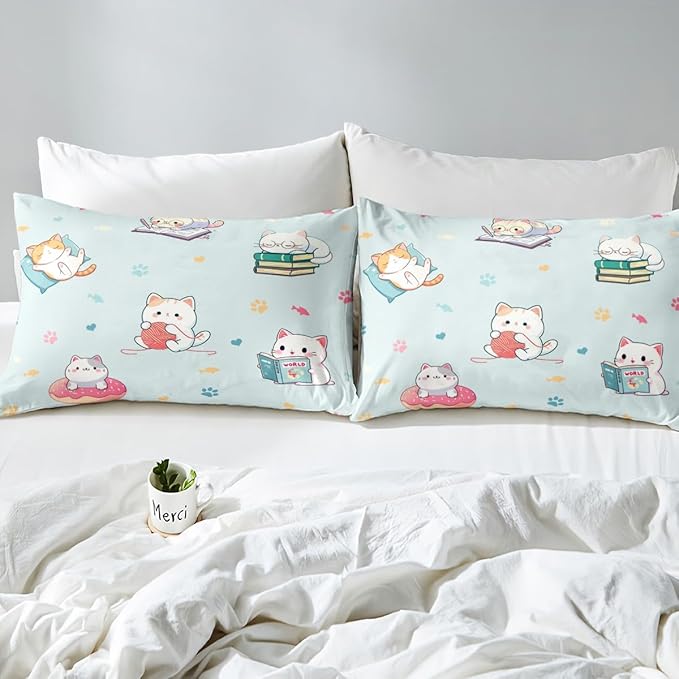 Kawaii Donut Cat Fitted Sheet Twin,Watercolor Litter Cat Paw Bed Sheet 2 Pieces Fits Mattress,Reading Cat Animals Lover Decorative Fabric Bedding All-Round Elastic Pocket