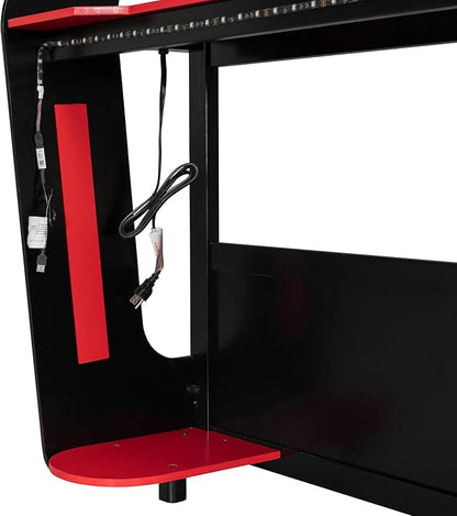 Wooden Bunk Bed with Desk & Charging Station & RGB Light Strip,Full Size Gaming Bunk Bed Frame with Storage Shelves,Safety Guardrails & Ladder for Kids Teens Adults Bedroom,Under-Bed Space,Red