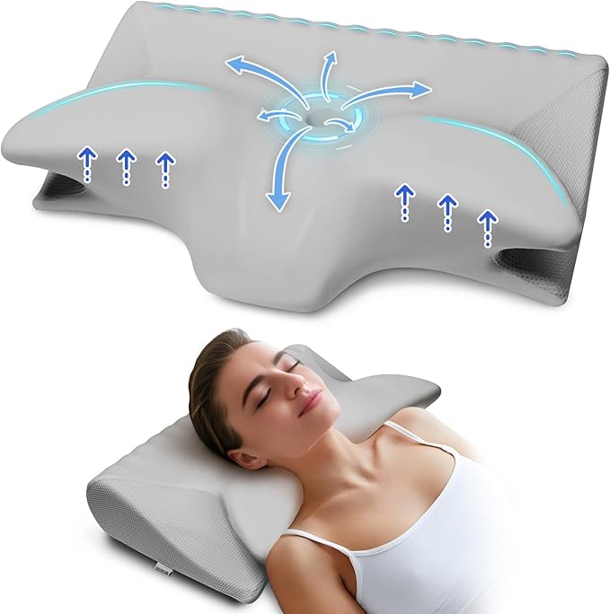Cervical Pillow for Neck Pain Relief, Cooling Contour Memory Foam Pillows Support Odorless Ergonomic Neck Pillow Adjustable Orthopedic Bed Pillow for Side Back Stomach Sleeper,1 Pack (Grey)