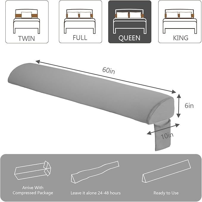 Sweetcrispy Queen Size Bed Wedge Pillow for Headboard, Modern Stylish Pillow to Fill Gap Between Headboard and Mattress, Bed Gap Filler, Grey