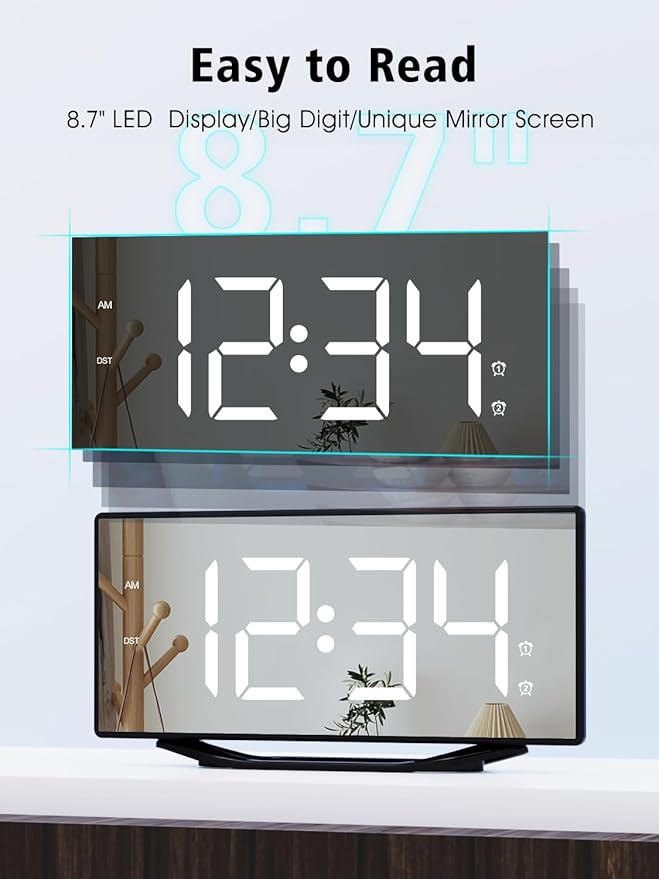 8.7” Mirror Digital Alarm Clock for Bedroom, LED Digital Clock Large Display with Battery Backup, 2 USB Charger Ports, Dual Alarms, 8 Dimmer & 7 Volume, Aesthetic Slim Clock for Desk Modern Decoration
