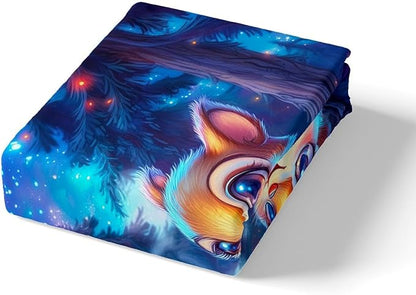 Kawaii Squirrel Kids Fitted Sheet Full Size,Starry Sky Adventure Camping Campfire Bedding Set,Boys Girls Room Decor,Cartoon Jungle Animal Rustic Bed Cover,Blue Bed Sheet,2 Pillowcases(No Top Sheet)