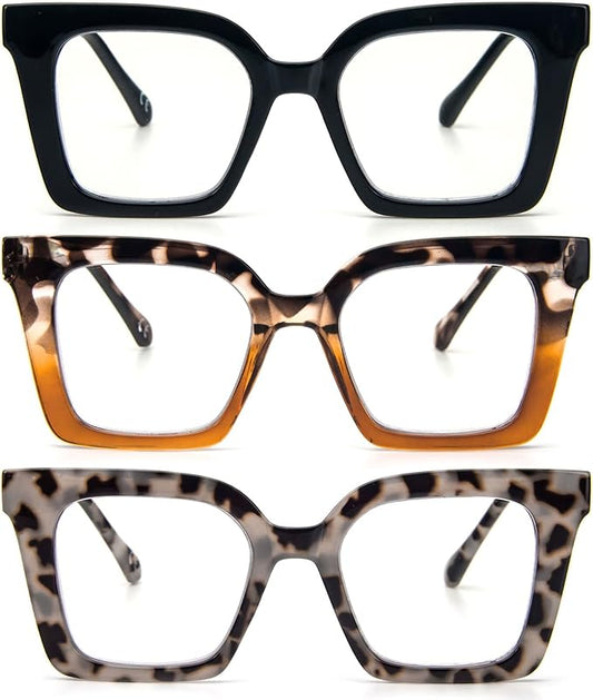 KoKoBin 3 Pack Stylish Square Frame Oprah Style Reading Glasses for Women, Blue Light Blocking Comfortable Readers