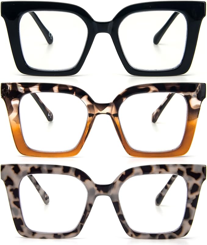 KoKoBin 3 Pack Stylish Square Frame Oprah Style Reading Glasses for Women, Blue Light Blocking Comfortable Readers