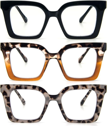 KoKoBin 3 Pack Stylish Square Frame Oprah Style Reading Glasses for Women, Blue Light Blocking Comfortable Readers