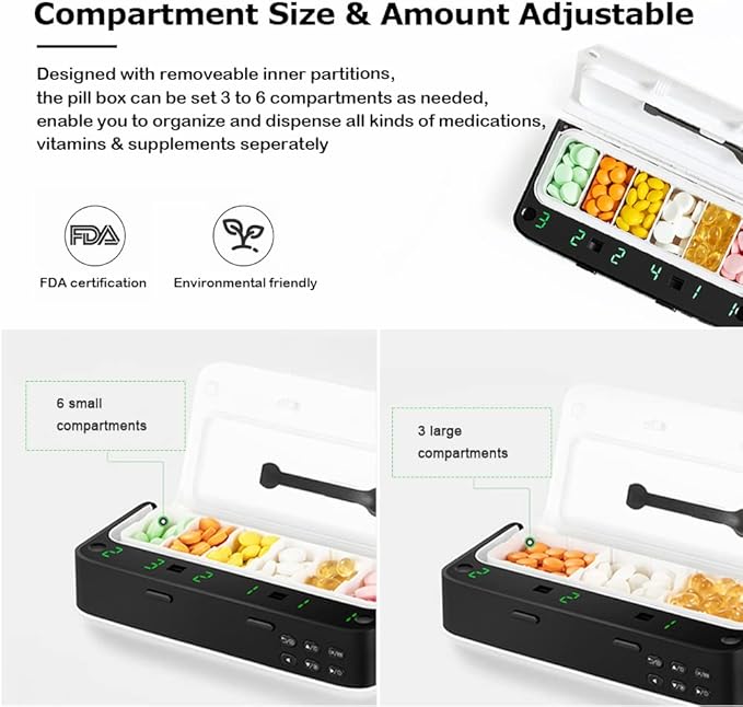 Pill Dispenser with Alarm, Daily Medicine Pill Organizer with up to 7 Alarms A Day,Smart Pill Box 6 Compartments, Pill Reminder for Elderly,White (White)