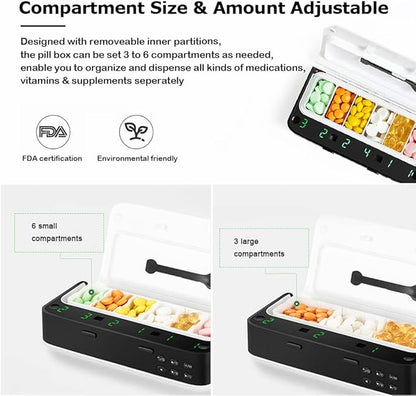 Pill Dispenser with Alarm, Daily Medicine Pill Organizer with up to 7 Alarms A Day,Smart Pill Box 6 Compartments, Pill Reminder for Elderly,White (White)
