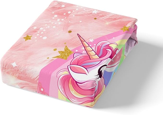 Manfei Cartoon Unicorn Kids Fitted Sheet Queen Size,Rainbow Cloud Dreamy Bedding Set,Girls Women Room Decor,Butterfly Flowers Cute Down Fitted Sheet,Pink Bed Sheet,2 Pillowcases