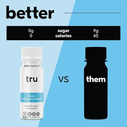Tru Dream Shot, Cherry Berry Flavored Deep Sleep Aid Shots - Zero Sugar Calm Sleep Drink plus Melatonin, GABA, Chamomile - Caffeine Free, GF, Keto, Natural Flavors, Vegan Supplement, 2oz (Pack of 24)