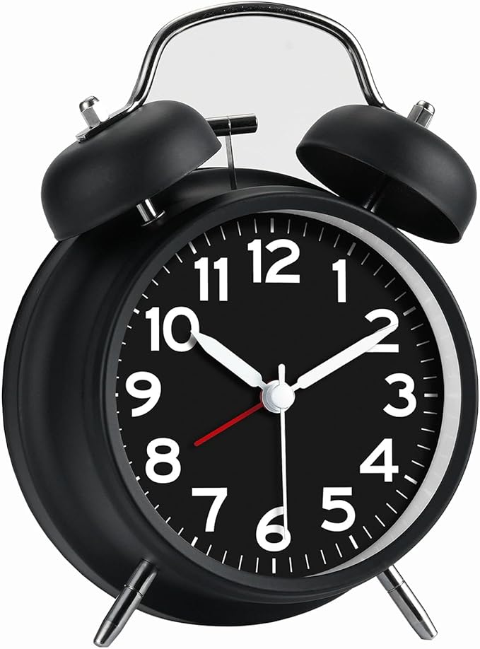 AKCISOT Loud Alarm Clock for Heavy Deep Sleepers, 4.5 Inches Analog Metal Twin Bell Clocks Battery Operated with Backlight for Bedroom Bseide, Old Fashioned for Desk Home Decoration (Black)