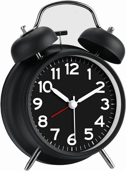 AKCISOT Loud Alarm Clock for Heavy Deep Sleepers, 4.5 Inches Analog Metal Twin Bell Clocks Battery Operated with Backlight for Bedroom Bseide, Old Fashioned for Desk Home Decoration (Black)