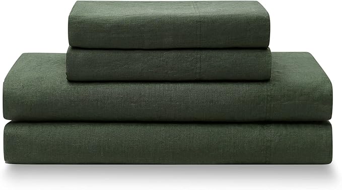 YnM French Linen Sheet Set - Cozy, Skin-Friendly, and Eco-Friendly Pure French Linen Sheets Collection, 4-Piece Set Includes Flat Sheet, Fitted Sheet, and 2 Pillowcases – California King, Army Green