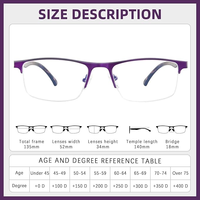 FONHCOO Reading Glasses for Women Men, Blue Light Blocking Reading Glasses Metal Half Frame Computer Readers Anti UV/Glare
