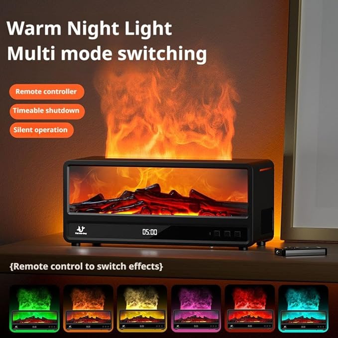 2025 Upgraded 7 Color Flame Fireplace Aroma Essential Oil Diffuser, Magnetic Remote Control, 250ML USB Desktop Noiseless Cool Mist Humidifier with Timer Auto-Off Protection for Home,Office,Gift (BA)