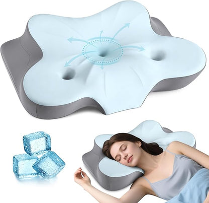 Cerrvical Neck Pillow- Ergonomic Memory Foam Pillows for Sleeping, Dual Ear Relief Zone Contour Pillow, Neck Support Pillows for Side Back &Stomach Sleeper (Blue)