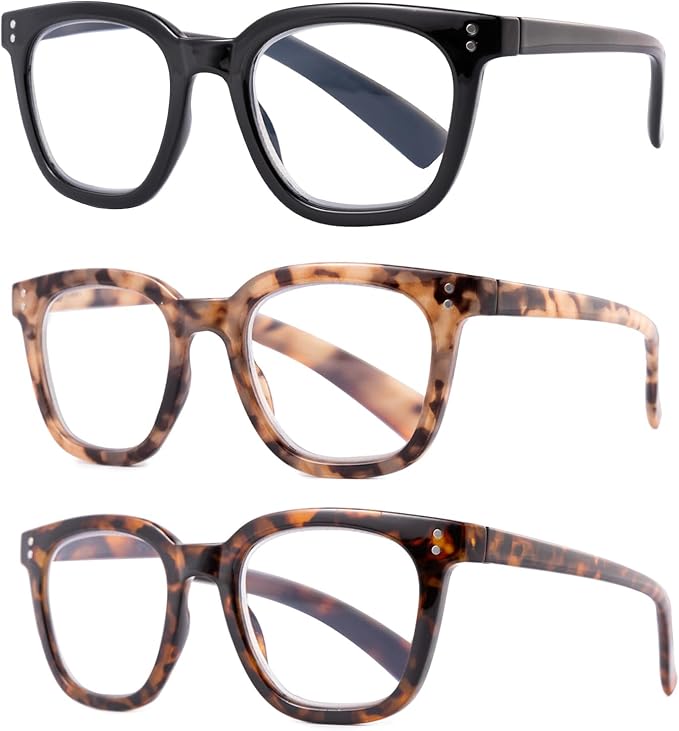 3 Pack Reading Glasses for Women Men, Square Blue Light Blocking Reading Glasses with Spring Hinge Anti Eyestrain Eyeglasses, Computer Readers with Glasses Chain, +2.0