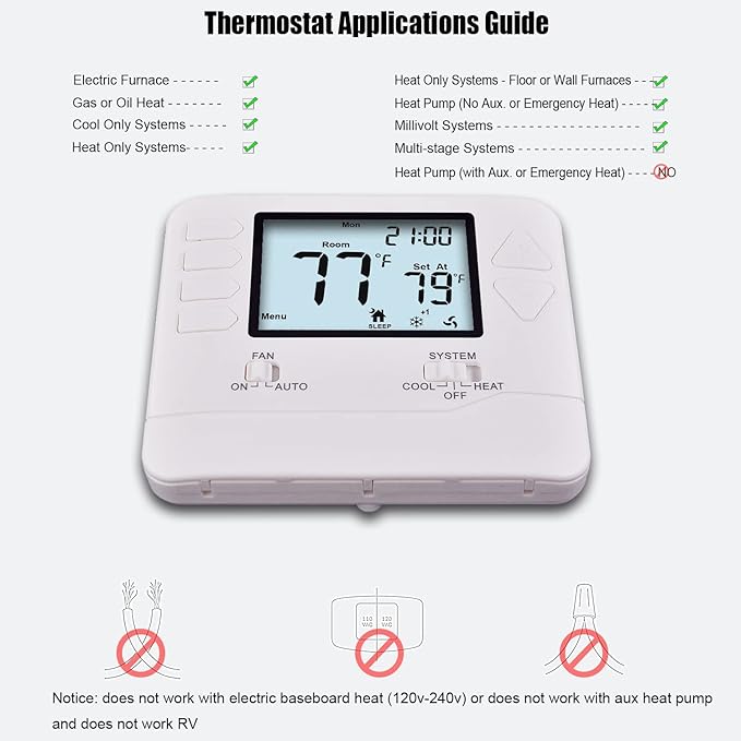 5-1-1 Day Programmable Thermostat for Home Conventional Single or Multistage Systems, up to 2 Heat/ 2 Cool, (with White Backlight)
