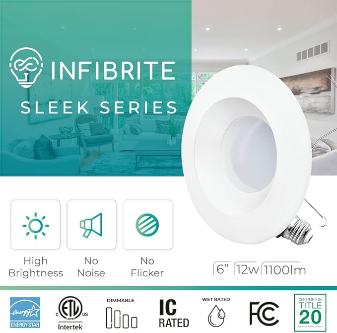 INFIBRITE 5 and 6 Inch WiFi Smart 12W 1100LM Thin Recessed Retrofit LED Sleek Series Light Kit (Includes E26 Connector) Compatible with Alexa and Google, Wet Rated (6 Pack)