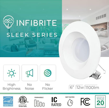 INFIBRITE 5 and 6 Inch WiFi Smart 12W 1100LM Thin Recessed Retrofit LED Sleek Series Light Kit (Includes E26 Connector) Compatible with Alexa and Google, Wet Rated (6 Pack)