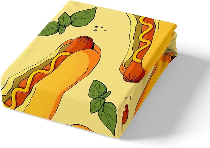Manfei Fast Food Sheet Set Full Size, American Cartoon Hot Dog Hamburg Bed Sheet Set 4pcs (Fitted Sheet, Flat Sheet, 2 Pillowcases), Creative Yellow Bedding Set for Kids Boys Girls Room Decor