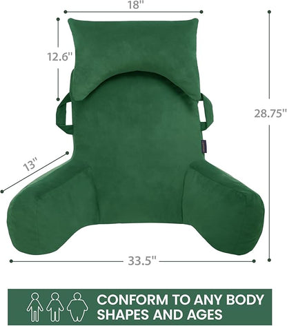 Portable Reading Pillows with Headrest for Bed Sitting Up(Green Oeko-Tex), Velvet Back Pillow with Arms & Pockets for Adults, Support Memory Foam Bed Pillow for Dorm/Reading/Watching/Gaming