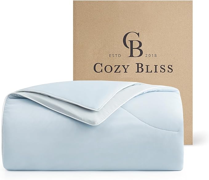 Cozy Bliss Deluxe Dual-Sided Cooling Comforter Twin Size, Ultra-Soft Lightweight Breathable Silky Cooling Blankets with Q-Max>0.45 for Bedroom, Hot Sleepers & Night Sweats, Cool Blue, 68"x90"
