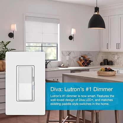 Lutron Diva Smart Dimmer Light Switch for Caseta Lighting (Lutron Smart Hub Required), for LED Lights, 150W, Single-Pole/3-Way, No Neutral, Light Almond (DVRF-6L-LA)