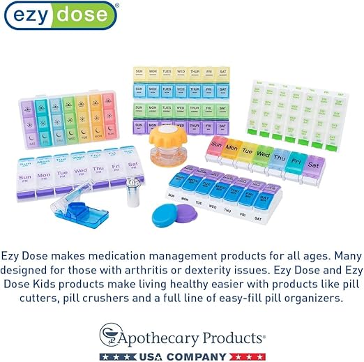EZY DOSE Push Button (7-Day) Pill Case, Medicine Planner, Daily Vitamin Organizer, 2 Times a Day AM/PM, X-Large Compartments, Arthritis Friendly, Easy to use, Clear Lids, Purple and Blue, BPA Free