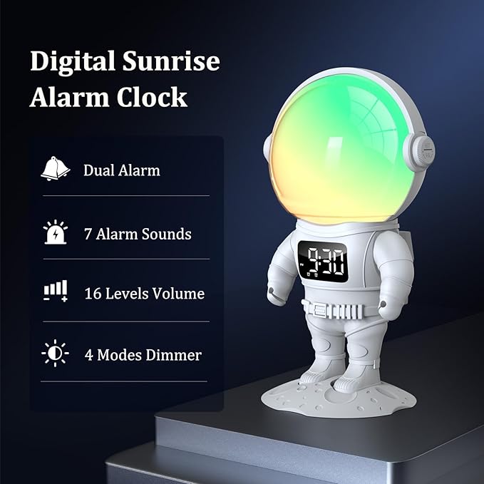 Astronaut Kids Sunrise Alarm Clock & Sound Machine with 22 Colors Night Light, Bluetooth Speaker, Dual Alarms & 7 Wake Up Sounds, 21 Sleep Sounds, Wake Up Light Clock for Bedroom, Room Decor, Gift