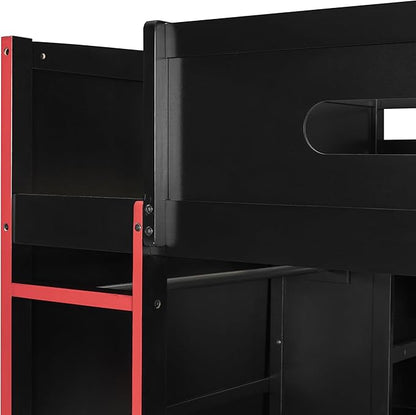 GOWE Full Size Wood Loft Bed with Desk,Wardrobe,Ample Storage Space,and RGB Light, Red(Old SKU:LT000261AAR)