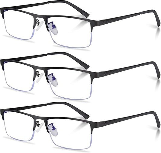 3-Pack Reading Glasses for Men, Lightweight Metal Half Frame Blue Light Blocking Computer Readers