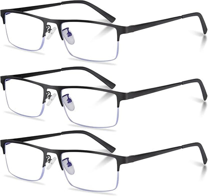 3-Pack Reading Glasses for Men, Lightweight Metal Half Frame Blue Light Blocking Computer Readers