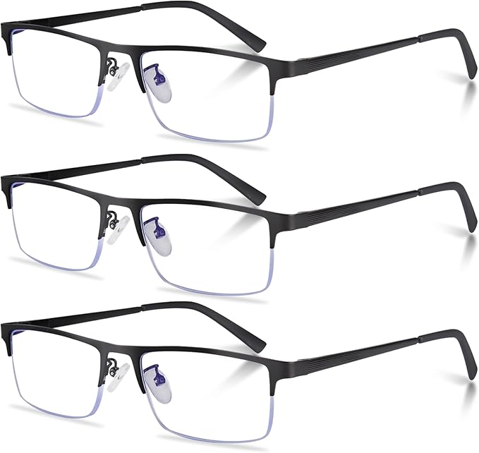 3-Pack Reading Glasses for Men, Lightweight Metal Half Frame Blue Light Blocking Computer Readers