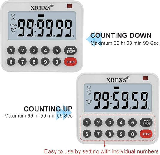 XREXS Digital Kitchen Timer Magnetic Countdown Up Cooking Loud Alarm and Mute Optional, Magnet and Stand, Large Display Classroom Timer for Teachers (2 Batteries Included) Upgraded Version