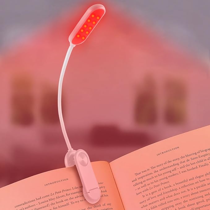 630nm Red Book Light [1 Pack] - Zero Blue Light, Rechargeable Clip On Red Reading Light Lamp for Reading at Night - Poratble Dimmable LED Book Lamp, Perfect for Lovers Travel Studying Nursing